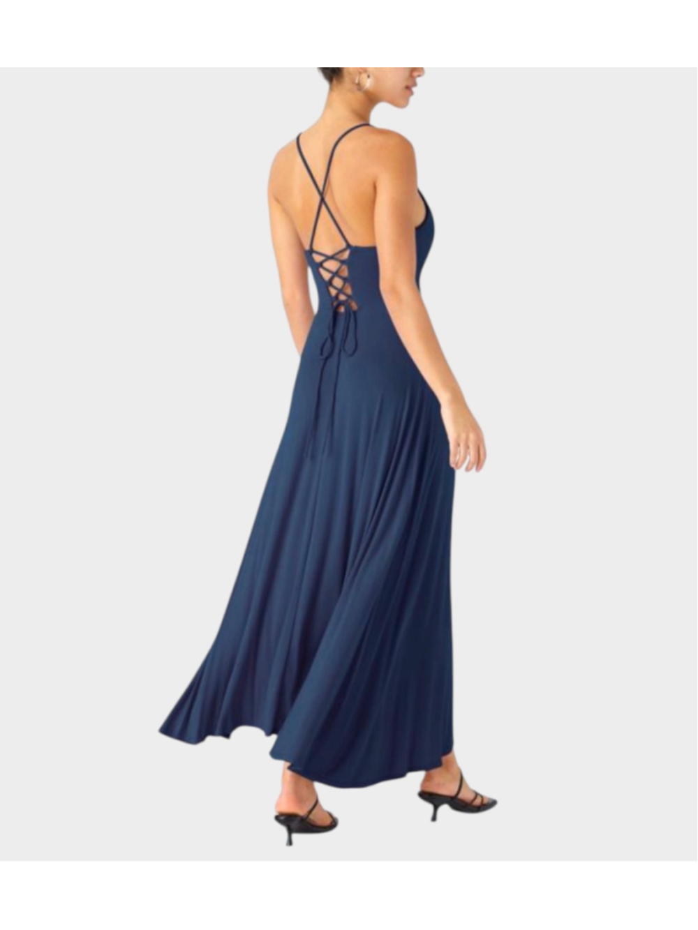 Size M Halara Ribbed Cowl Neck Lace Up Midi Dress in Nightfall Blue
